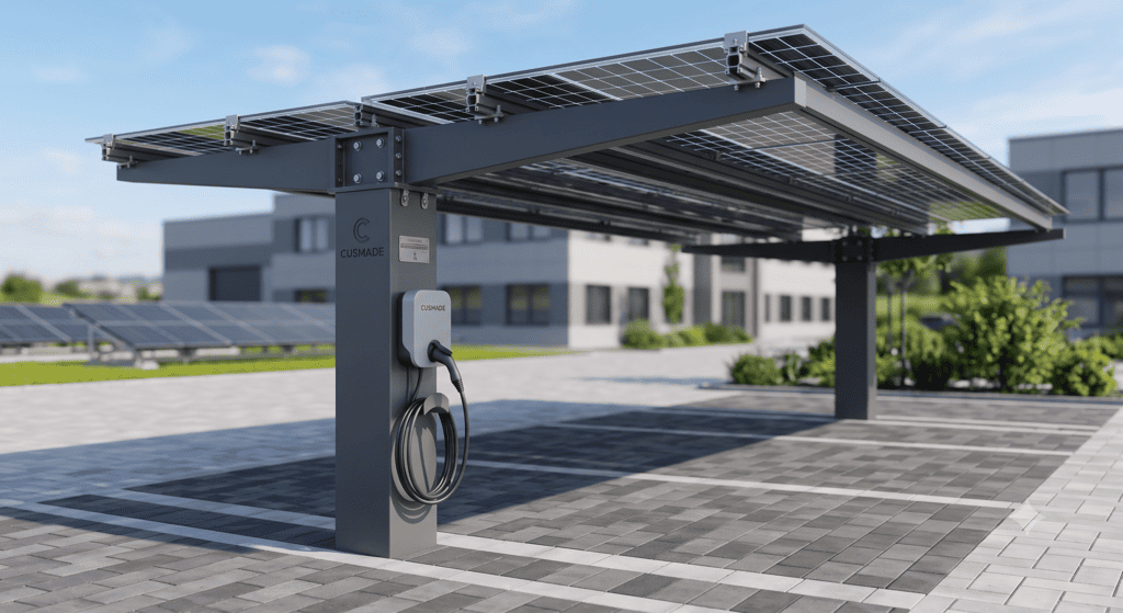 Pensiline solari e carport fotovoltaici resistenti agli agenti atmosferici per la copertura di posti auto e la produzione di energia pulita.