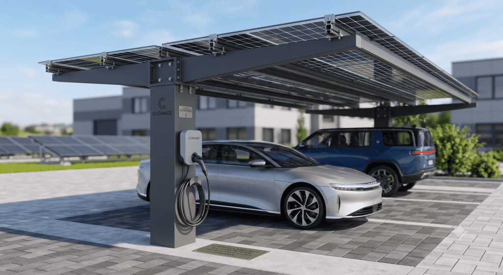 Strutture per carport solari progettate e realizzate su misura in alluminio e acciaio per soddisfare ogni esigenza di spazio e design.